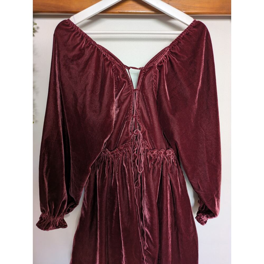 Free People Daphne Velvet Mini Dress Burgundy Wine Red Smocked M - Picture 5 of 7